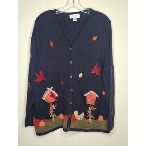 Christopher CJ Banks blue fall birdhouse pumpkin leaves cardigan sweater - X
